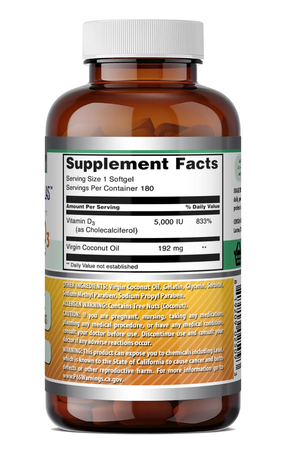 Amazing Nutrition Vitamin D3 with Coconut Oil Supplement Softgels, 180 Softgels