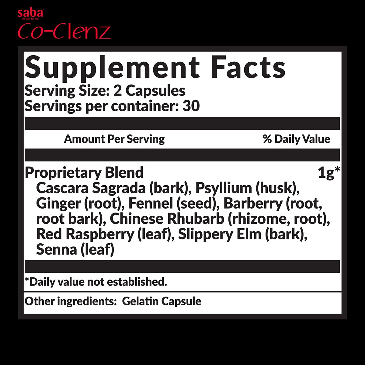 Saba Co-Clenz 5 Day Cleanse for Men & Women - Supports Healthy Bowel Movements, Detox, Colon Health, Helps Constipation, Capsules, 30 Count