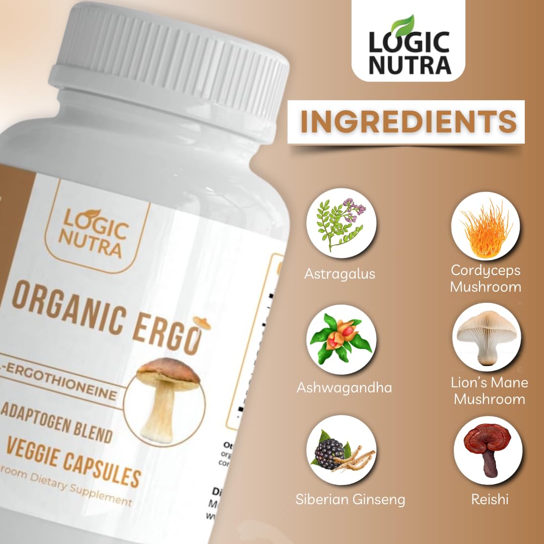 Logic Nutra L-Ergothioneine Plus Organic Blend of Cordyceps Mushroom, Lion’s Mane, Reishi, Astragalus, Siberian Ginseng, Ashwagandha Capsules, 60 Count