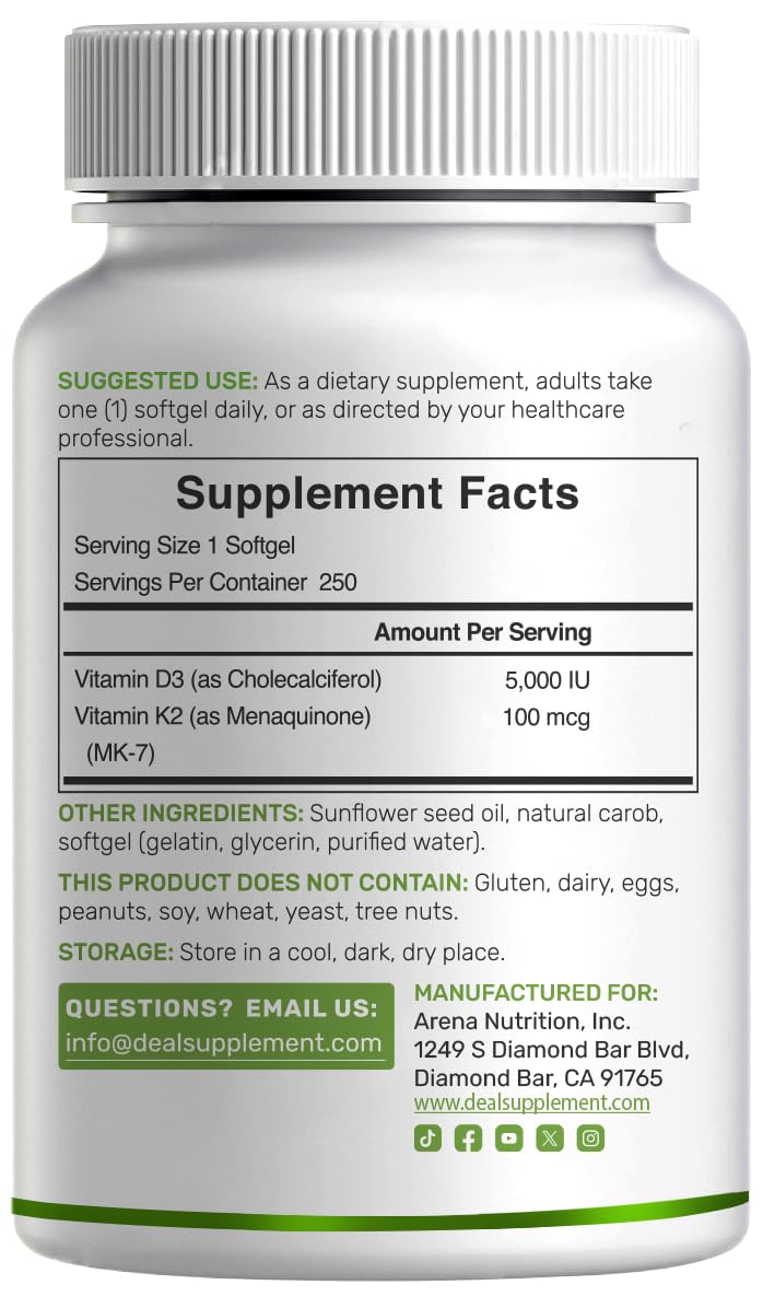 DEAL SUPPLEMENT Vitamin D3 5,000 IU + K2 MK7 Softgels, 500 Count