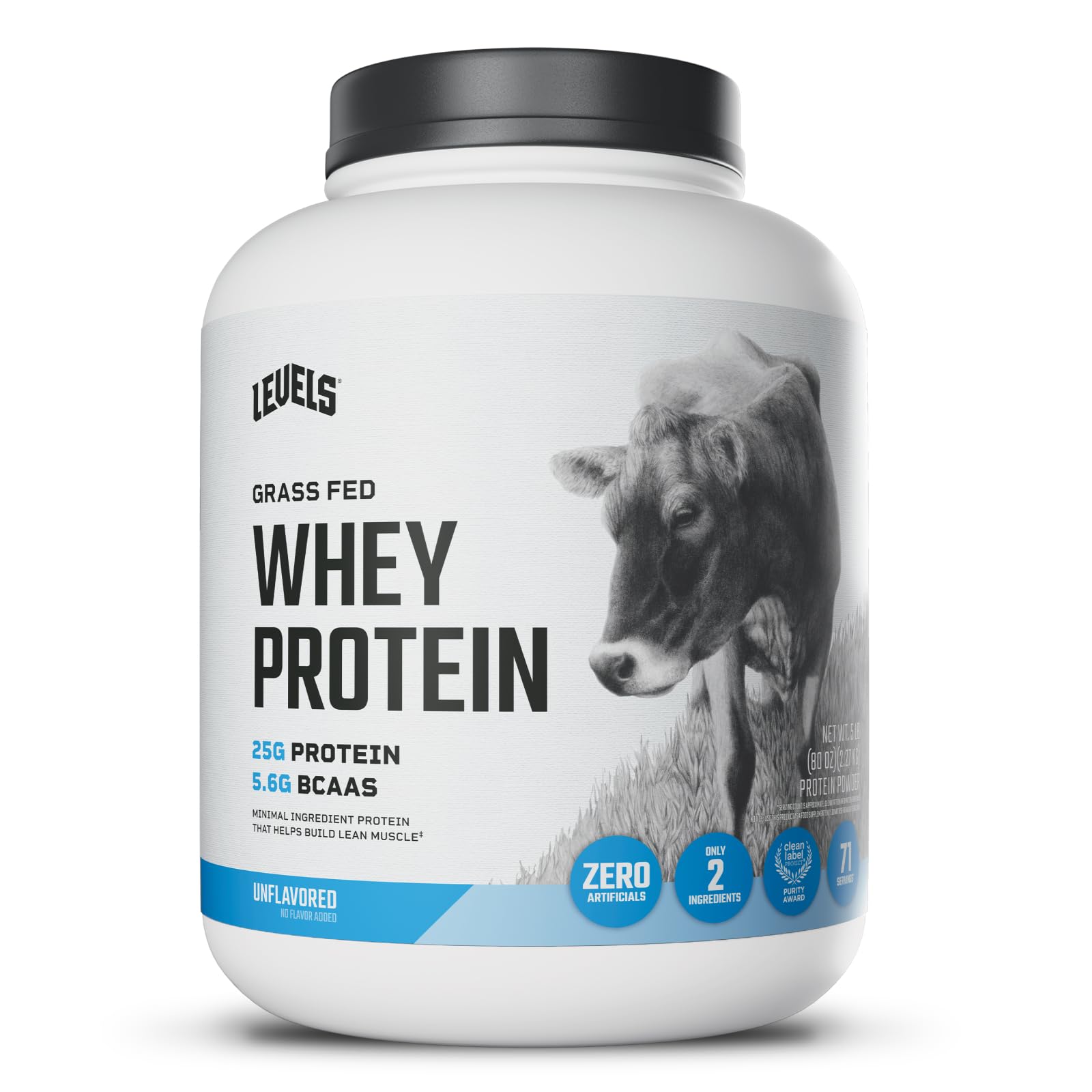 Levels Nutrition Grass Fed Whey Protein Powder, Unflavored, 80 Servings, 5 lb