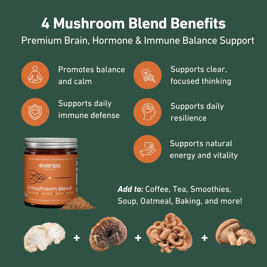 Eversio Wellness Organic 4 Mushroom Blend Complex Powder – Reishi, Lion’s Mane, Maitake & Shiitake Fruiting Body Extract Blend – Daily Immune & Stress Support, 2.12 oz