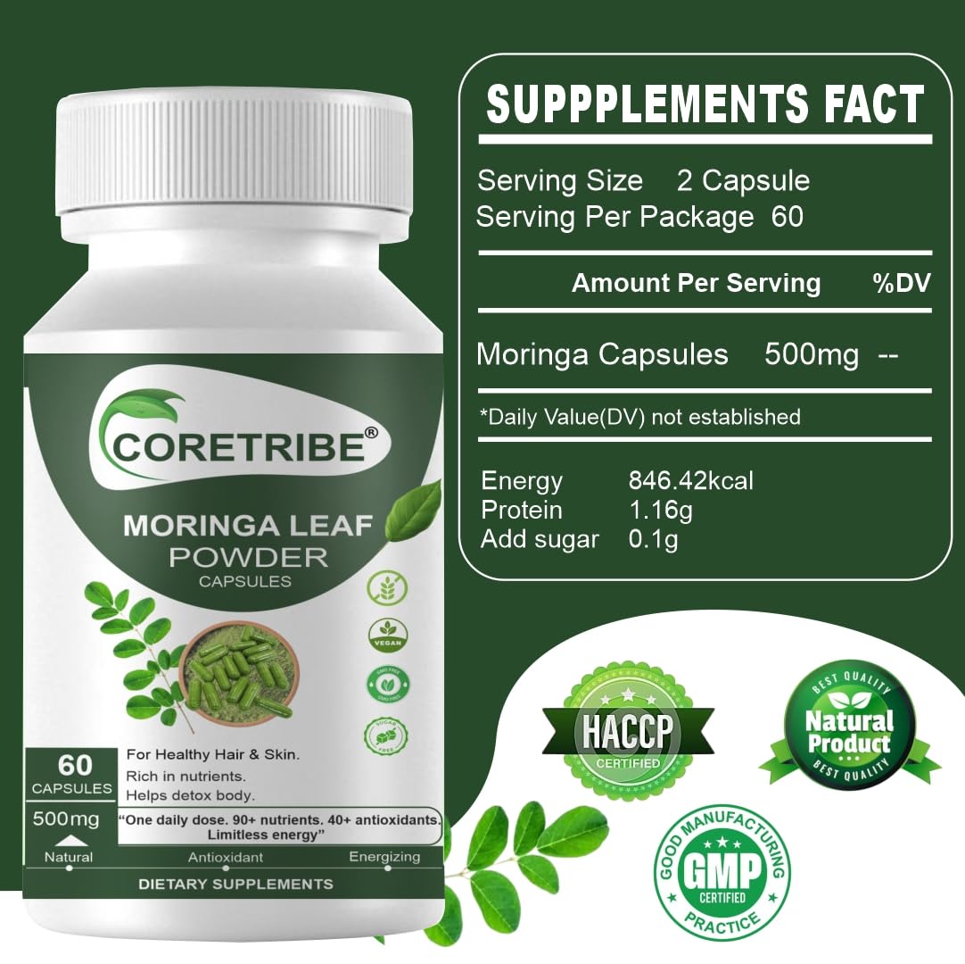Coretribe Moringa Capsules Daily Greens Superfood for Energy, Satiety, Skin, Hair & Nail Support - Plant-Based, Vegetarian, Vegan Friendly, 1 Pack