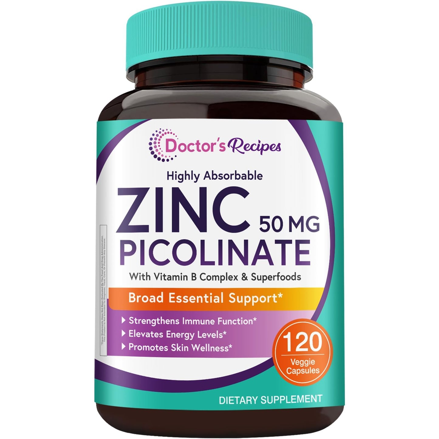 Doctor's Recipes Zinc Complex 50mg, Zinc Picolinate, Vitamin B Complex, Organic Spinach, Broccoli, Pumpkin Seed, Beet Root Powder, for Women & Men, Immunity, Vegan, 120 Capsules