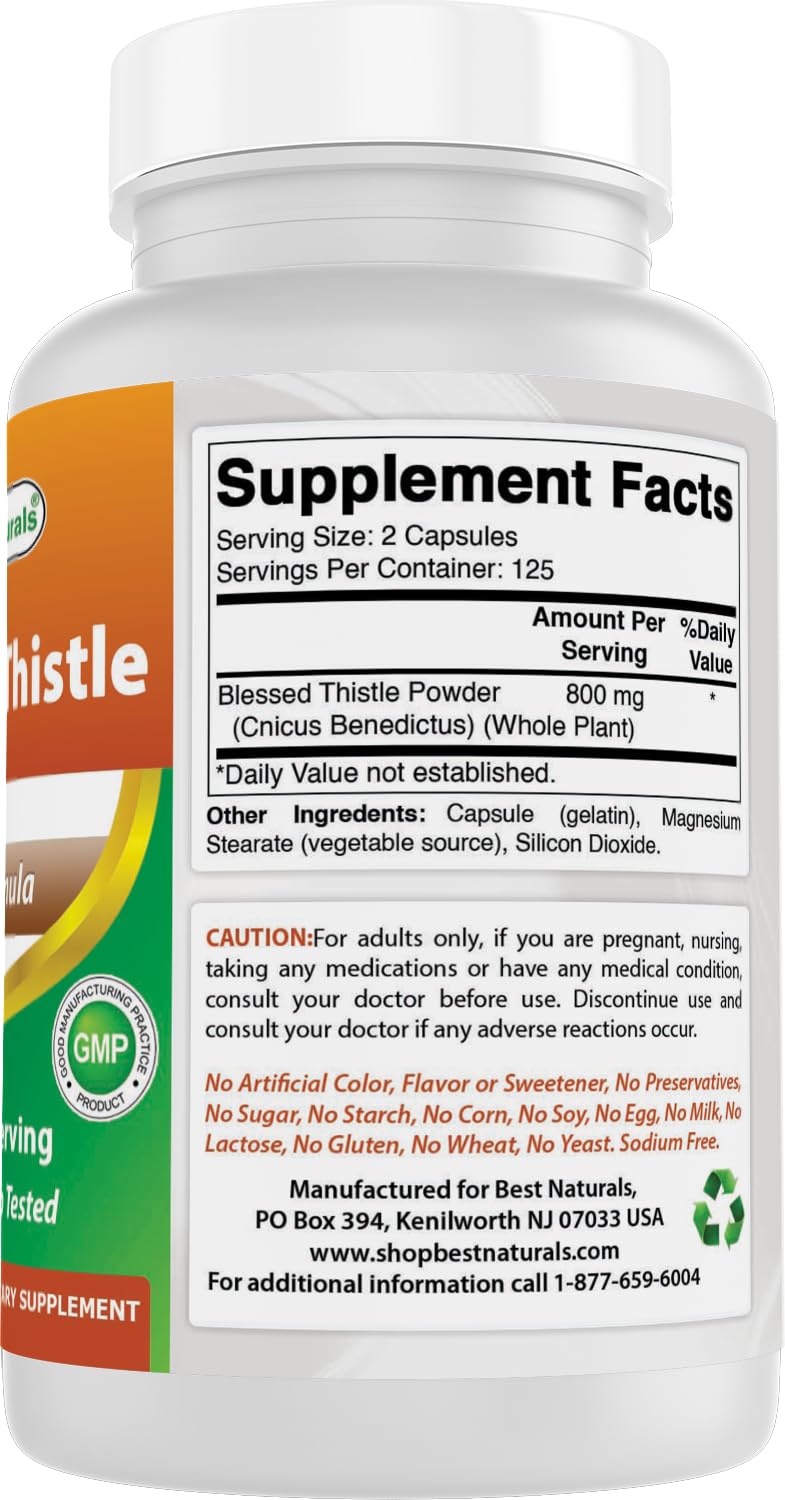 Best Naturals Blessed Thistle Breastfeeding Lactation Capsules 800mg/Serving, 250 Count