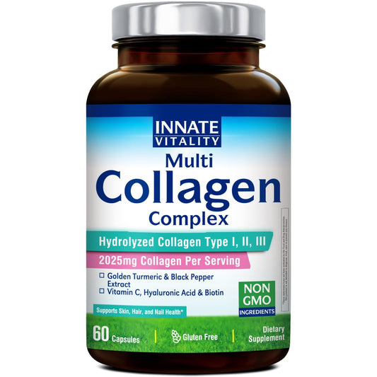 Innate Vitality Multi Collagen Peptides Type I, II & III with Vitamin C, Biotin, Hyaluronic Acid & Turmeric, 2025mg Hydrolyzed Collagen, Skin, Hair & Nails Support, 60 Capsules