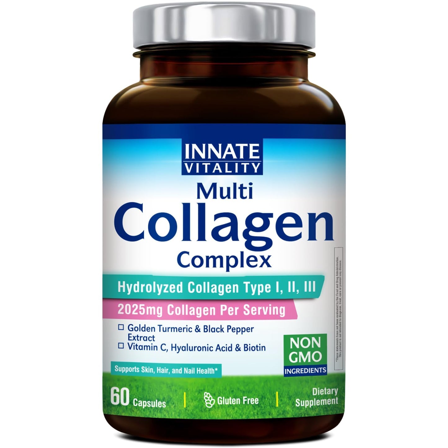 Innate Vitality Multi Collagen Peptides Type I, II, III, Vitamin C, Biotin, Hyaluronic Acid & Turmeric, 2025mg Hydrolyzed Collagen Capsules 60 Capsules