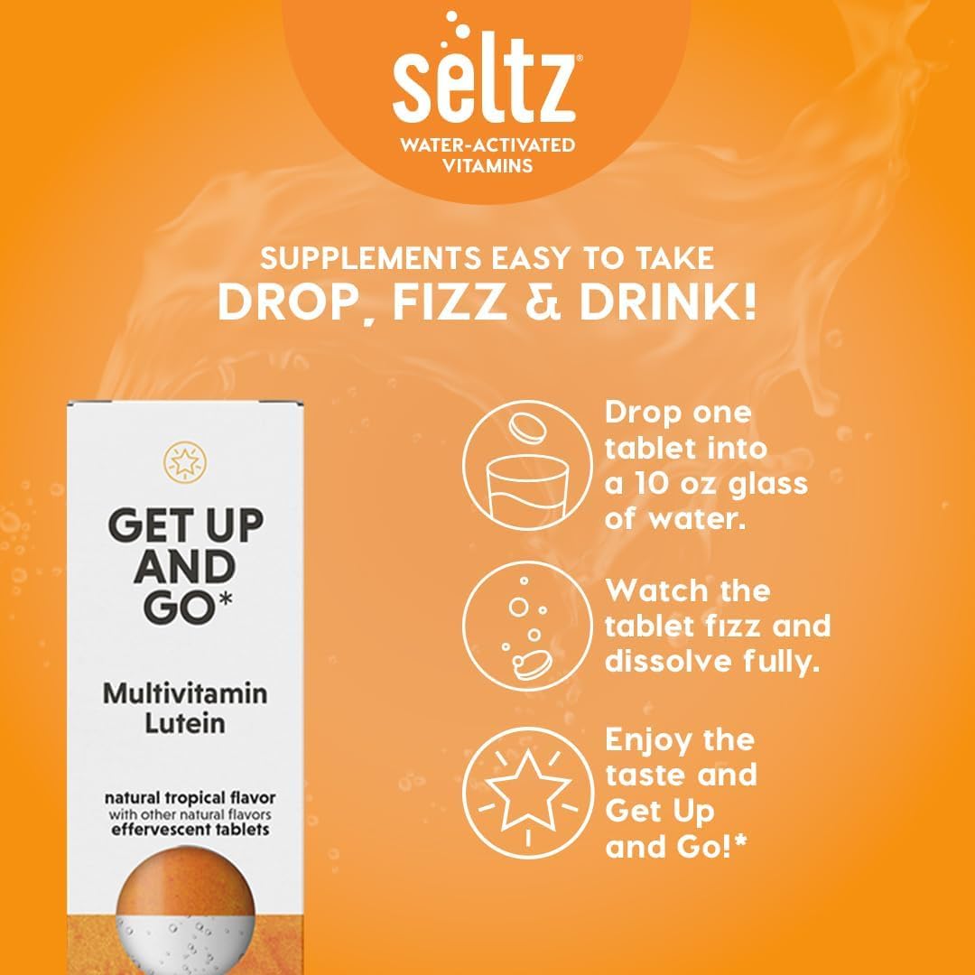 Seltz Get Up and Go – Effervescent Multivitamin with Lutein for Daily Energy, Eye Health & Antioxidant Support – Tropical Flavor, 120 Tablets