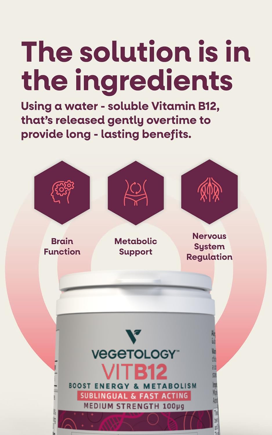 VEGETOLOGY Vegan Vitamin B12 Sublingual Supplement — for Metabolism & Energy, Vitamins & Health Supplements, 60 Tablets