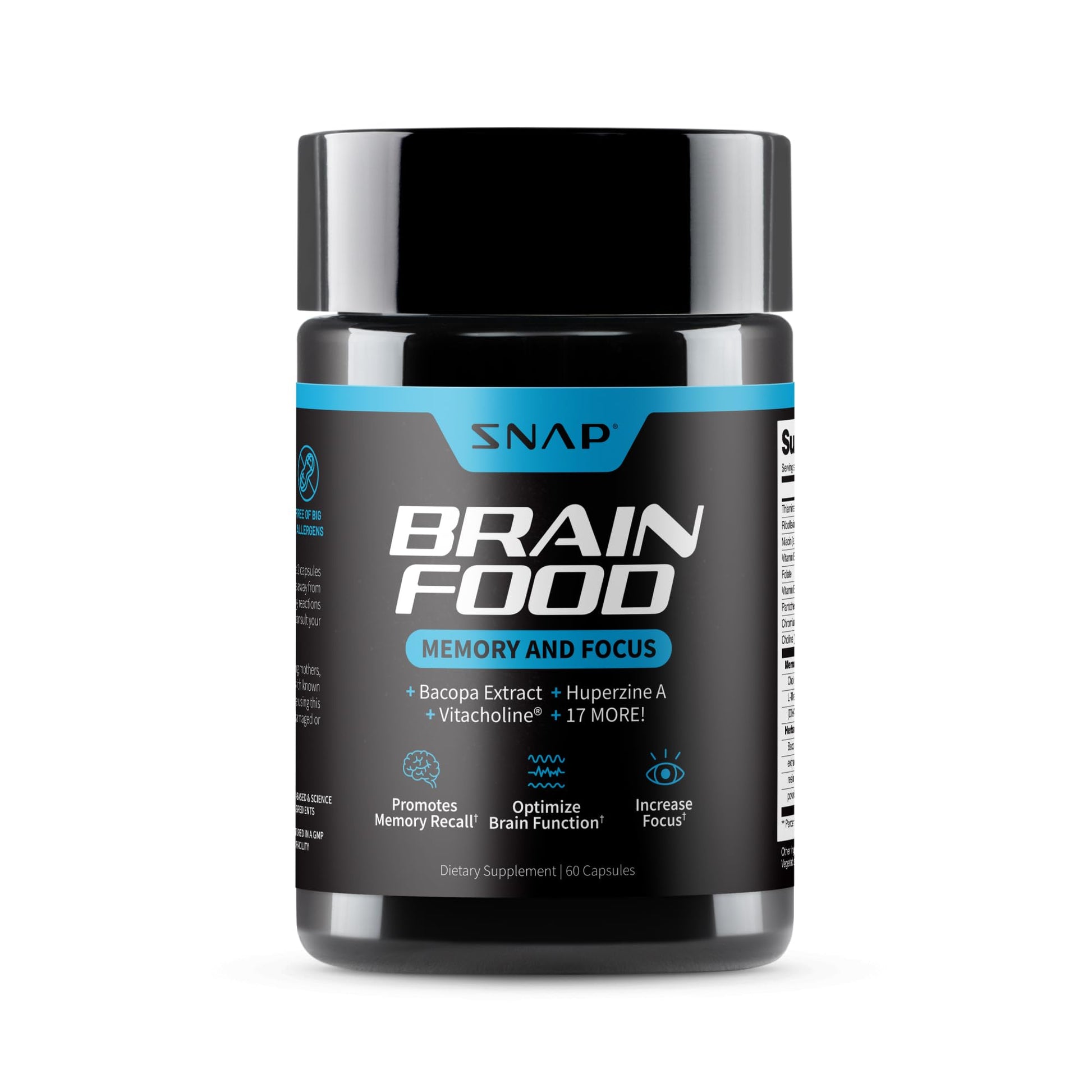 Snap Supplements Brain Booster Nootropics Supplement for Memory, Focus & Clarity, Bacopa Extract, Ginkgo Biloba, 60 Capsules