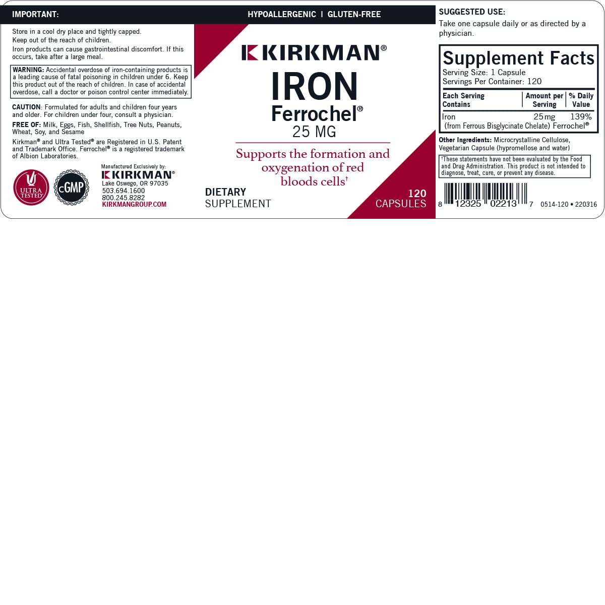 Kirkman Iron 25 mg Bio-Max Series Capsules, 120 Count