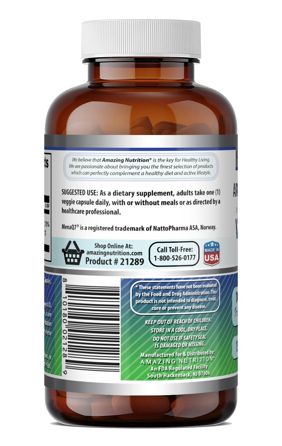 Amazing Nutrition Vitamin K2 Menaq7 MK7 Supplement Capsule 120 Count