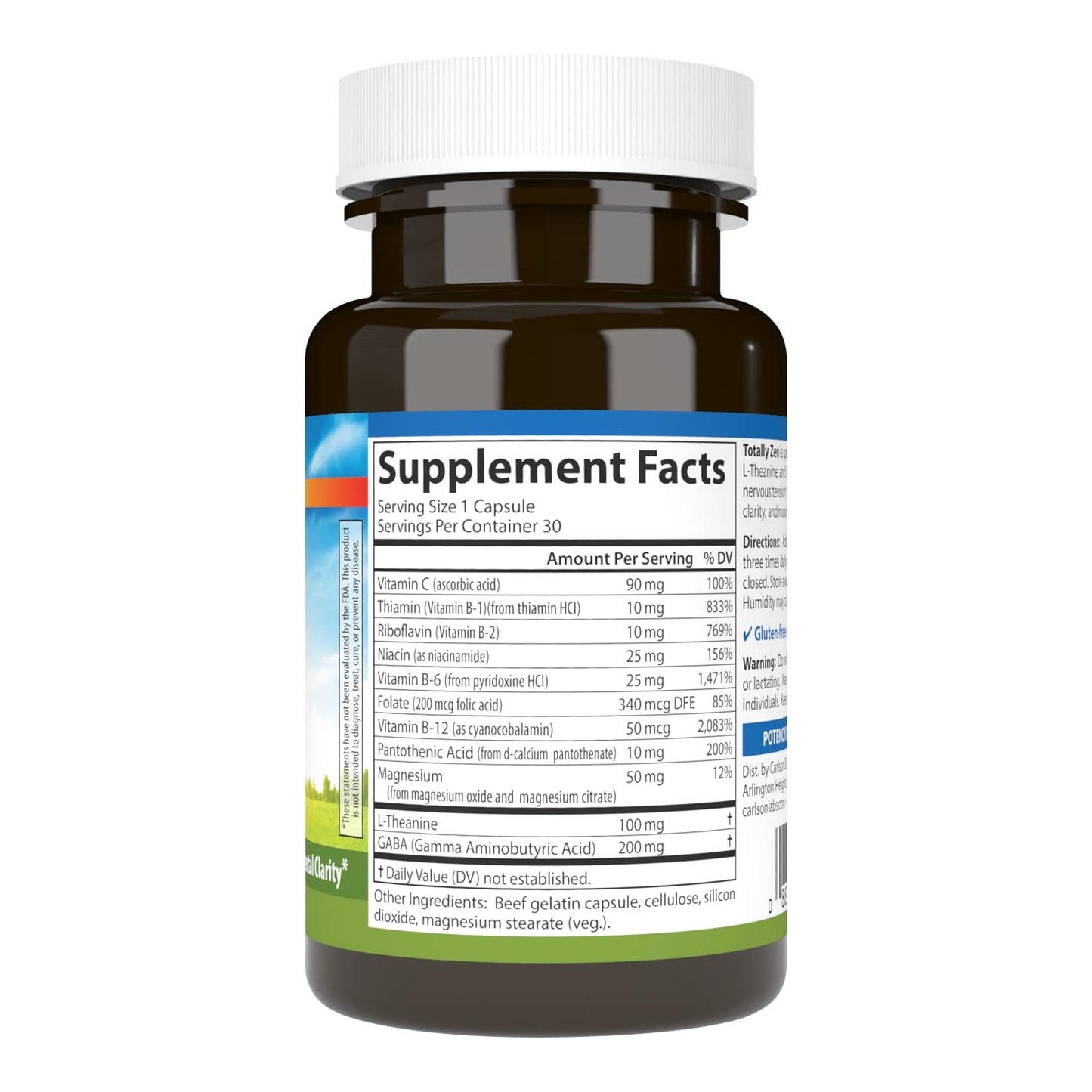 Carlson Totally Zen, GABA, L-Theanine Capsules 30 Capsules