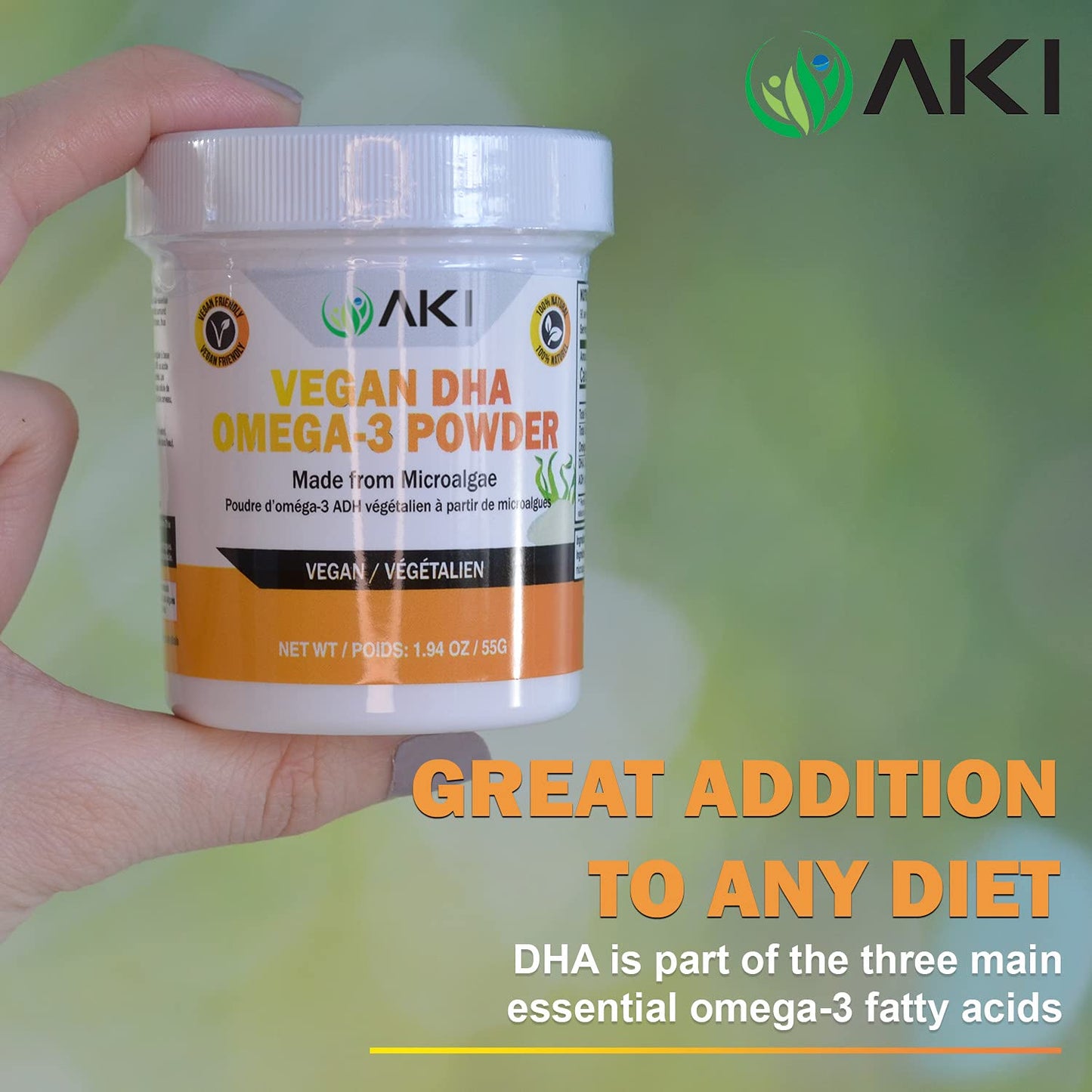 AKI ORGANIC Omega 3 DHA Micro Algae Powder, 1.9 oz