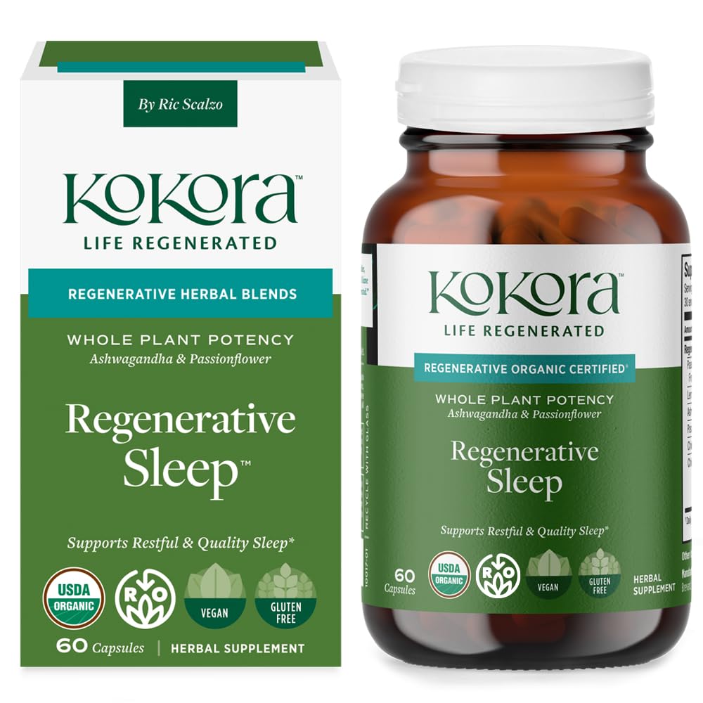 kokora Regenerative Sleep - Regenerative Organic Certified - Supports Restful, Quality Sleep, Relaxation* - Adaptogen Blend w/Lemon Balm & Passionflower - Vegan & Non-GMO, 60 Capsules