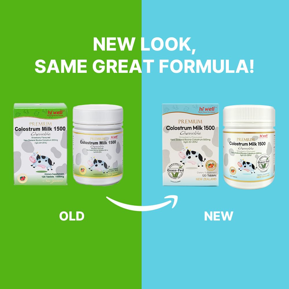 Hi Well Pure & Natural New Zealand Premium Grass-Fed Colostrum 1500 Chewable, 240 Count