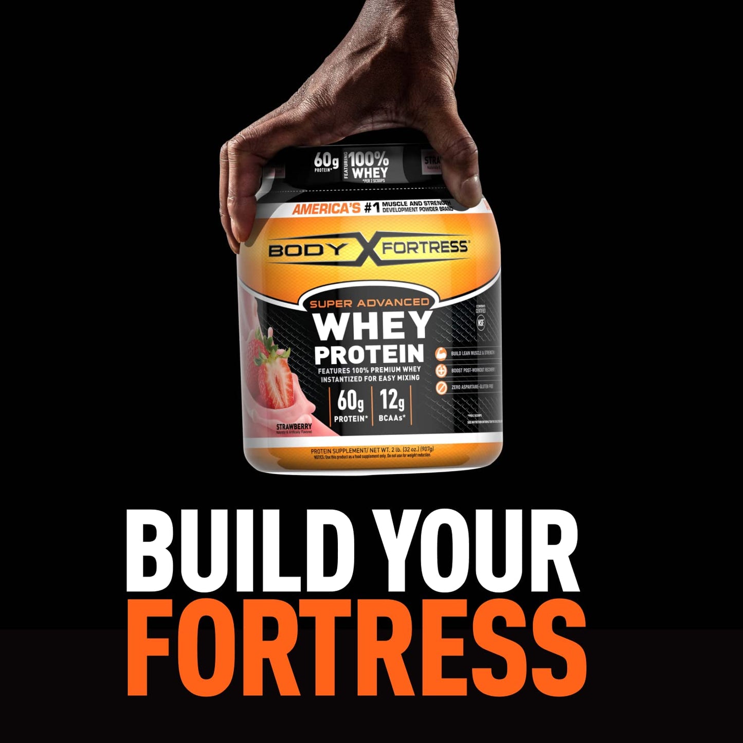 Body Fortress Whey Protein Powder 32 Servings Strawberry Flavored, Gluten Free, 2 Lbs