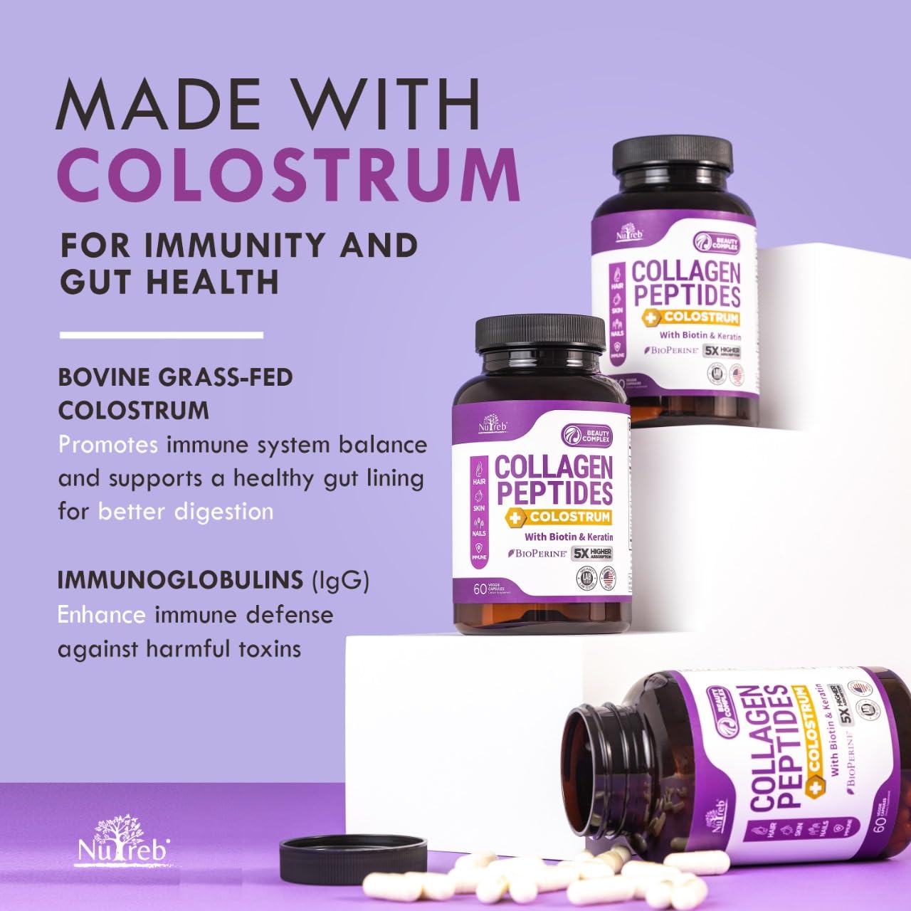 Nutreb Collagen Peptides with Colostrum for Women - Multi-Collagen Types I, II, III, V, X with Biotin & Keratin Capsules, 60 Count