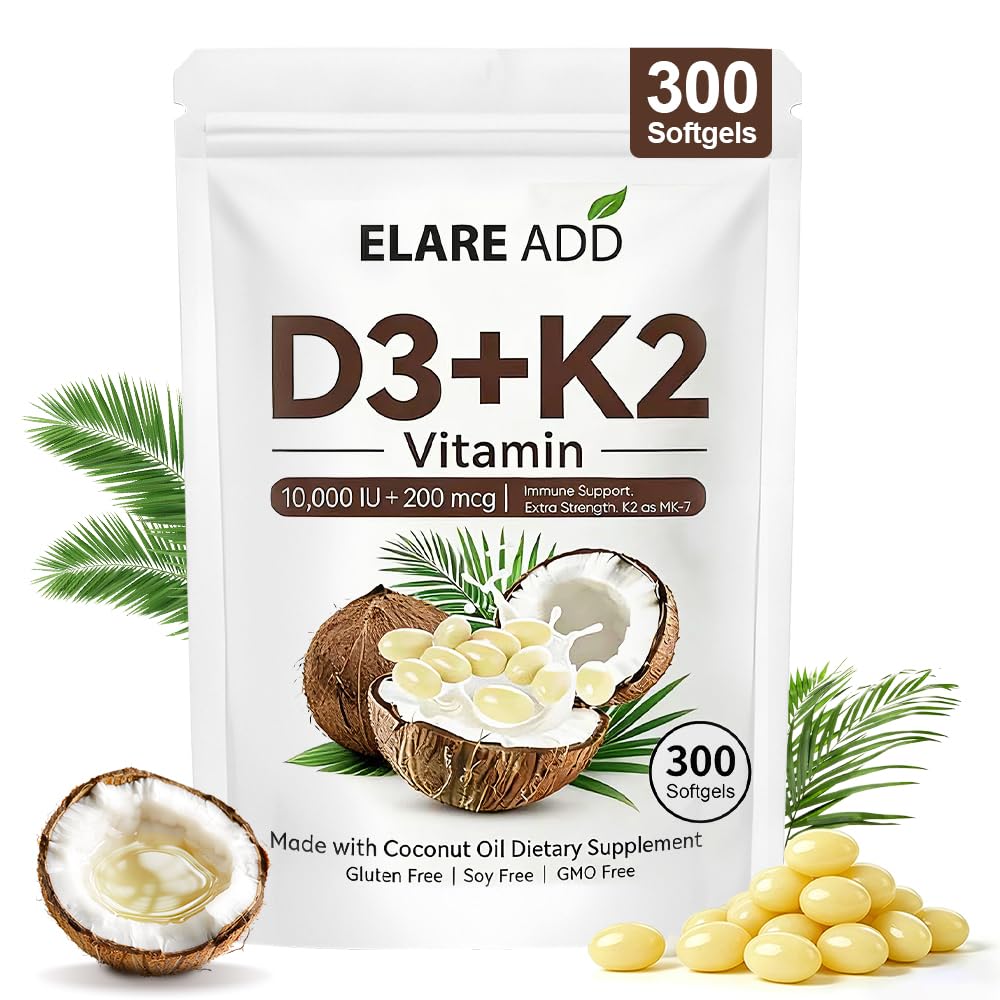 Aeteon Vitamin D3 K2 Softgels 10,000 IU, 200 mcg K2 MK-7, Virgin Coconut Oil, 2-in-1 Replenish Formula, 300 Count