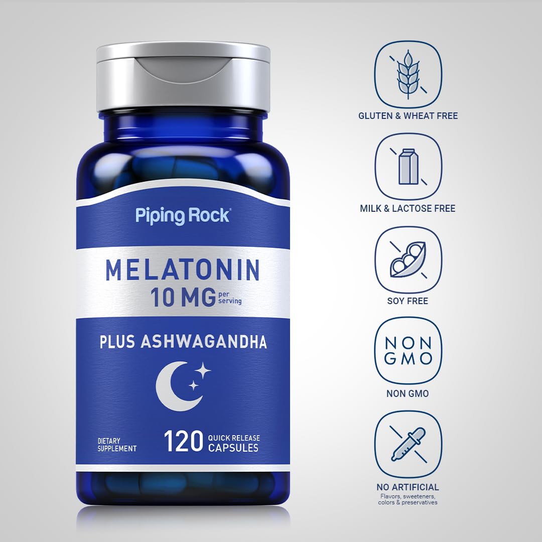 Piping Rock Melatonin 10 mg with Ashwagandha Capsules, 120 Count