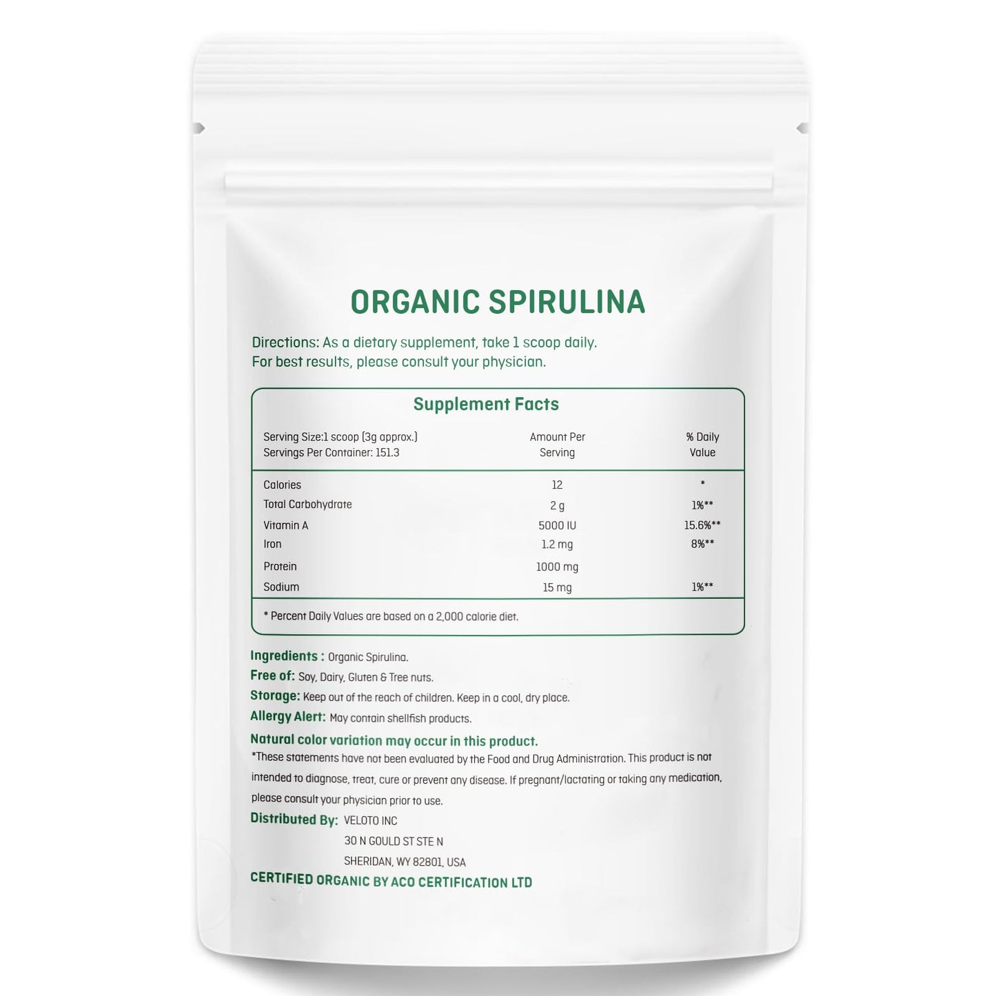 VELOTO Organic Spirulina Powder, 16 oz