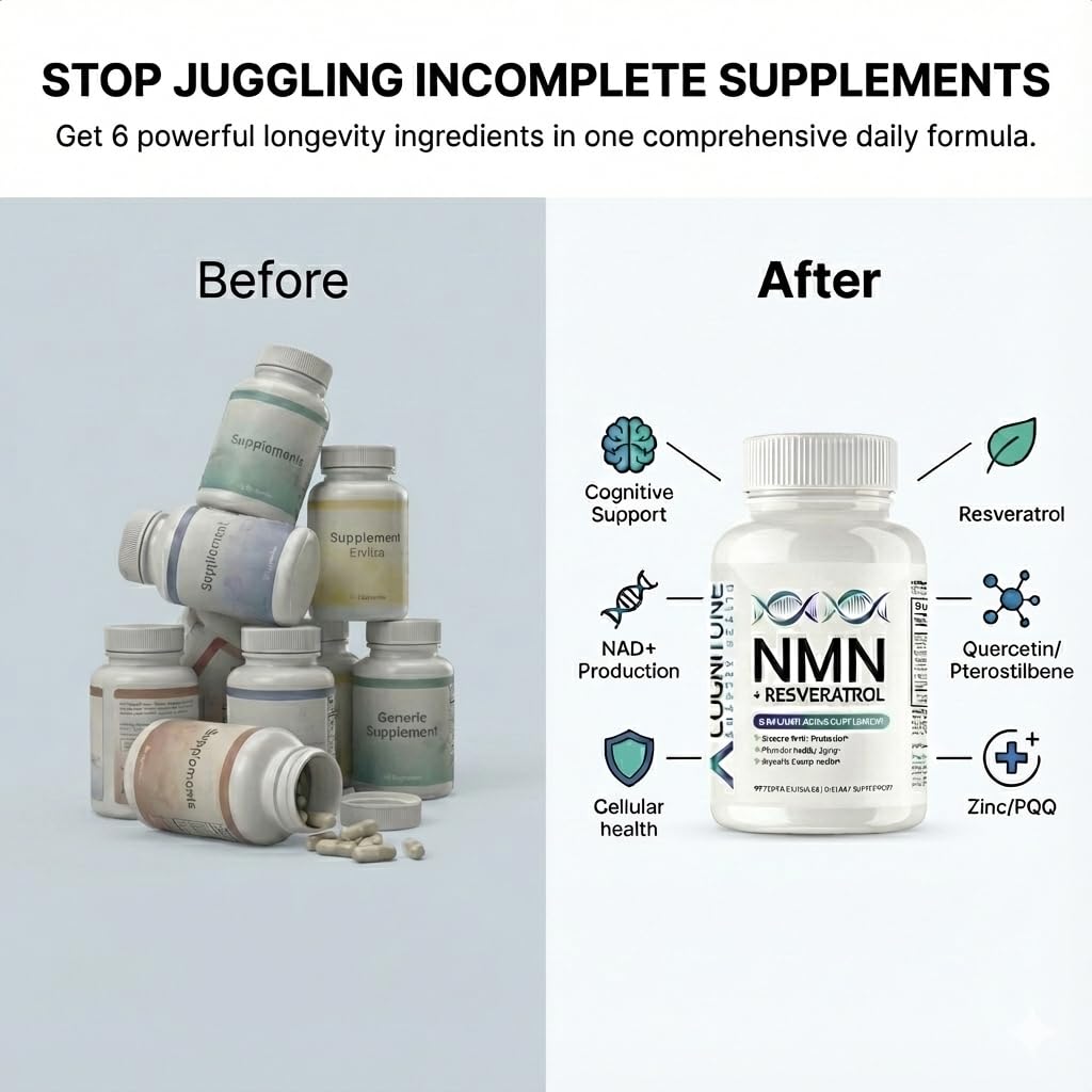 CogniTune NMN Supplement with Resveratrol, Quercetin & PQQ, 1115mg, 60 Capsules