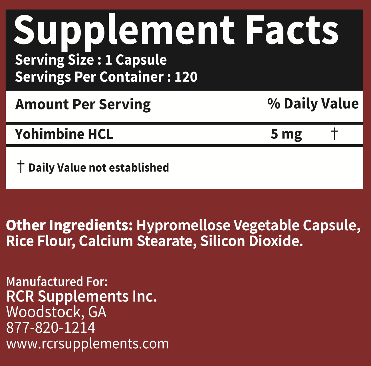 RaeSun Botanics Yohimbine HCL Bark Extract 5mg Capsules, 120 Count