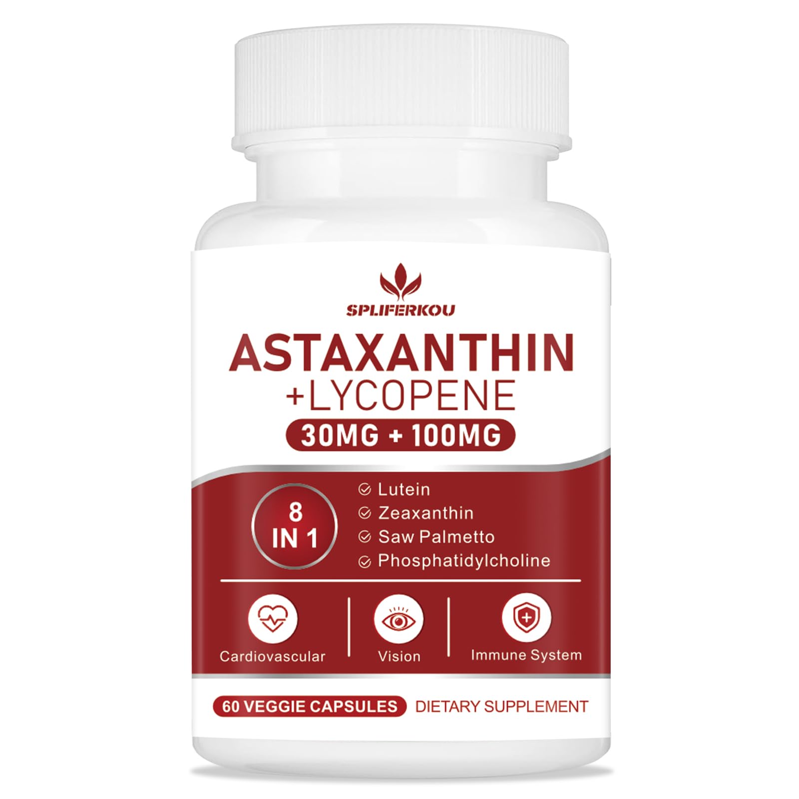 Spliferkou Astaxanthin and Lycopene 70mg, Astaxanthin Supplement with Phosphatidylcholine, Lutein and Zeaxanthin, Powerful Antioxidants for Skin, Eye and Joint Health 60 Capsules