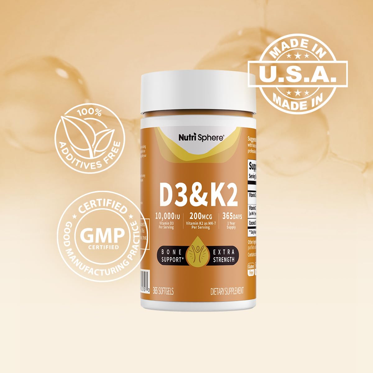 NutriShpere Vitamin D3 & K2 (MK-7) - 10,000 IU + 200 mcg, 365 Softgels