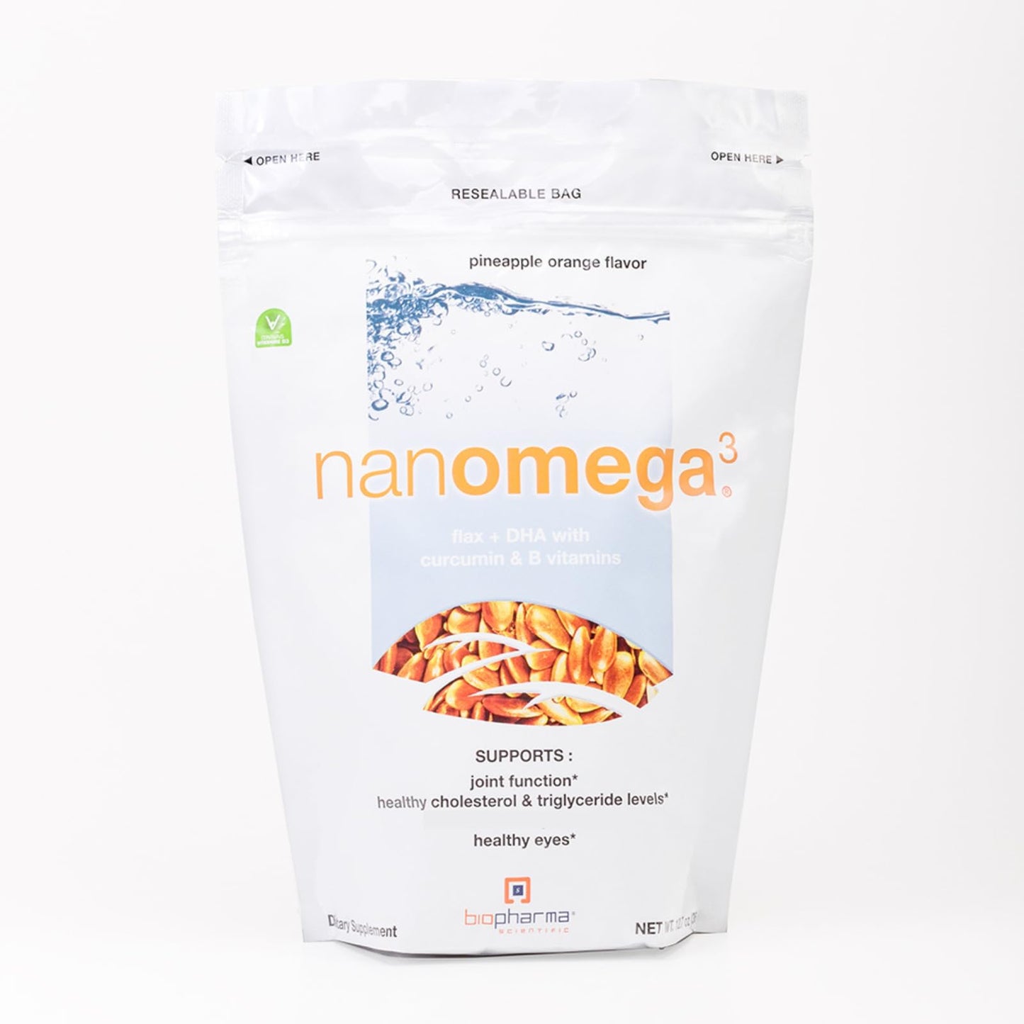 BioPharma Scientific NanOmega Plant-Based Omega-3 Flaxseed + DHA Vegan Powder 12.7 Ounce