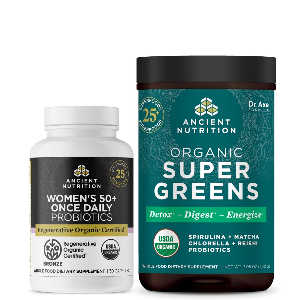 Ancient Nutrition Probiotics Capsules (30 Count) + Organic Supergreens Powder (25 Servings)