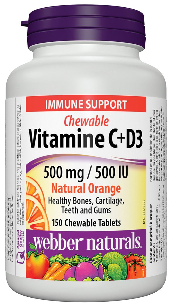 Webber Naturals Vitamin C+D3 500 mg/500 IU Natural Orange, 150 Tablets