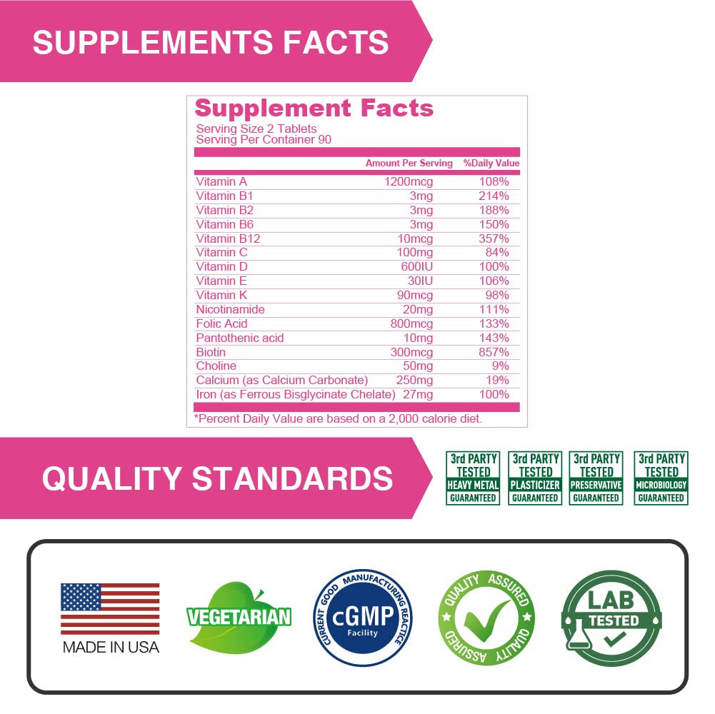 LOVITA Prenatal Vitamins with Iron 27 mg, Folic Acid 800 mcg & Calcium, Vegan Prenatal Vitamins for Women During and Post Pregnancy, 540 Tablets