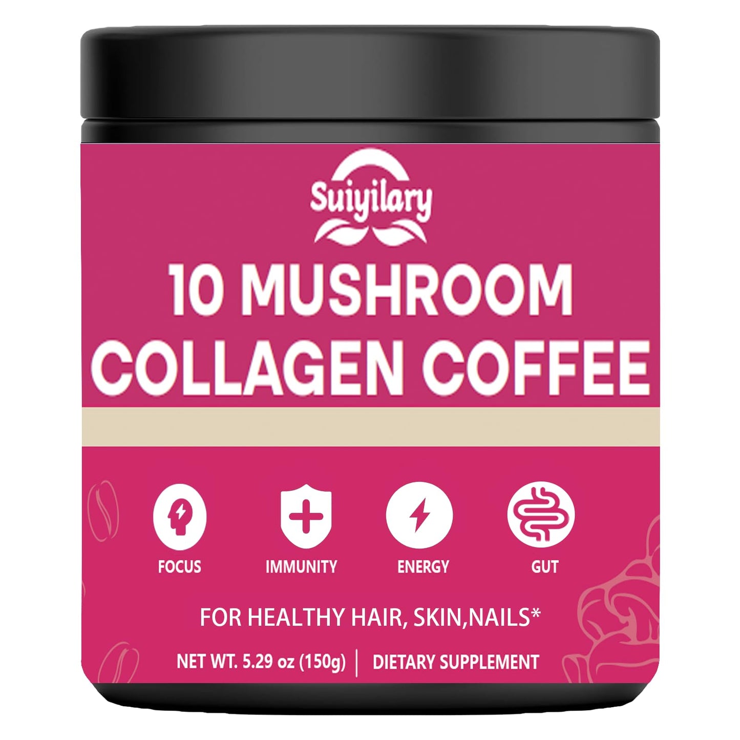 Suiyilary Mushroom Coffee with Collagen Powder, 5.3 oz, 30 Servings