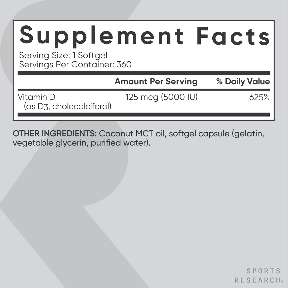 Sports Research Vitamin D3 5000iu/125mcg with Coconut Oil Softgels 360