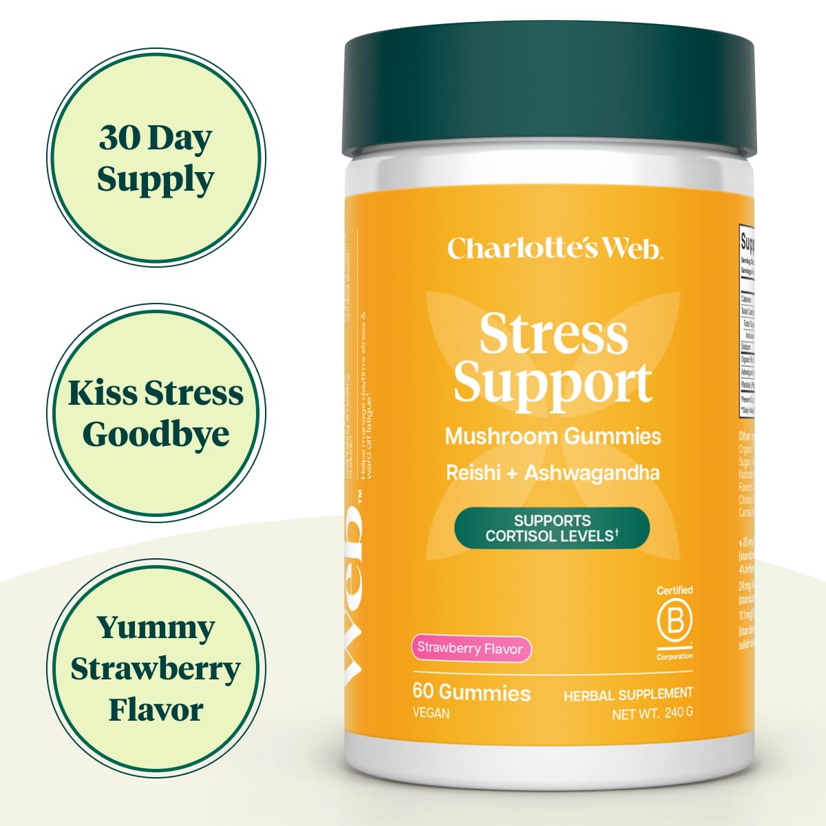 Charlotte's Web Stress Support Mushroom Gummies with Reishi, Ashwagandha, Rhodiola Rosea, 30 Servings