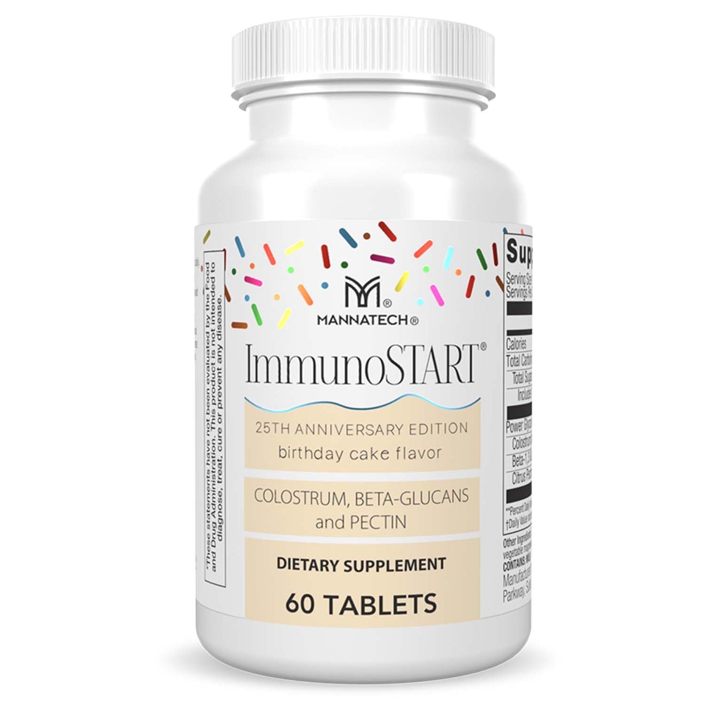 Mannatech ImmunoSTART Birthday Cake Flavor Colostrum, Beta-1,3 Glucans, Citrus Pectin, 25th Anniversary, Contains Milk, 60 Tablets