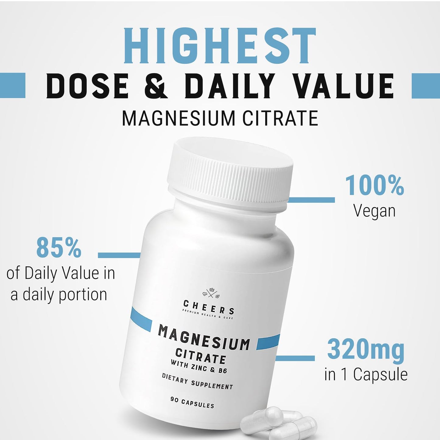 CHEERS Magnesium Citrate Complex with Zinc & B6 320mg High Absorption, Muscle, Nerve & Bone Support, 90 Capsules, Non-GMO, Vegan