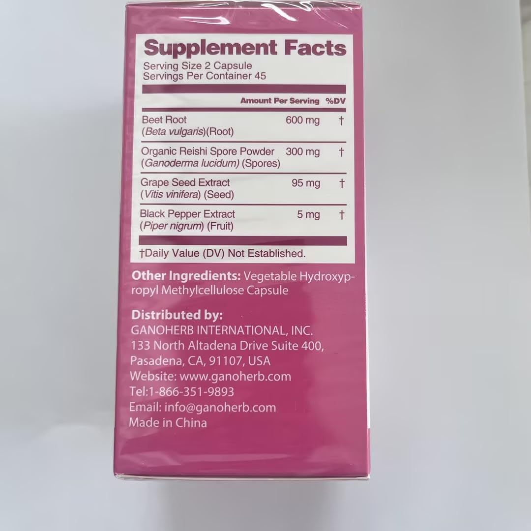 GANOHERB Beet Root Capsules with Grape Seed Extract, Reishi Mushroom, Black Pepper, 4 in 1 for Nitric Oxide & Health Circulation, 90 Capsules