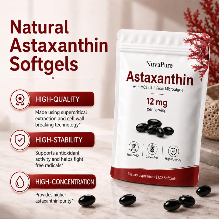 PlocoXe NuvaPure Astaxanthin 12mg Softgel Capsules with MCT Oil, 120 Count