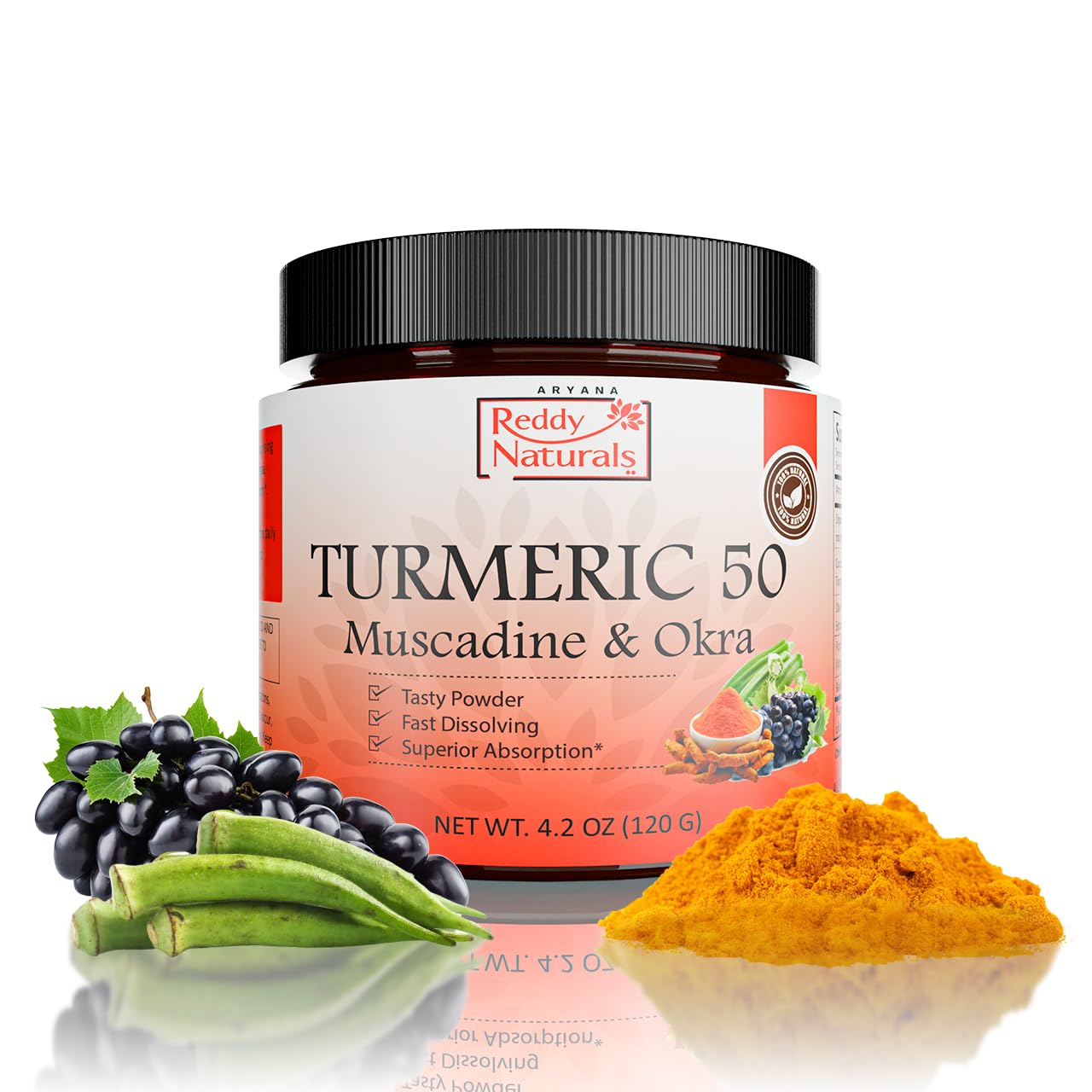 Reddy Naturals Aryana Turmeric 50 Organic Turmeric Supplement Powder with Muscadine Grape & Okra – Fast-Dissolving, Plant-Based Formula for Daily Wellness, 4.2 Ounce