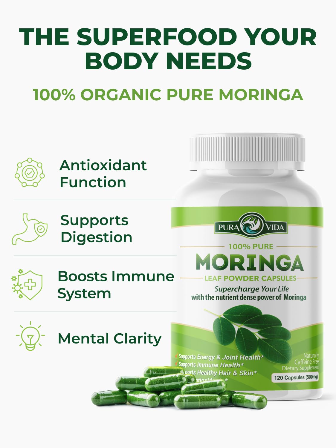 Pura Vida Moringa Organic Moringa Capsules, 500mg, 120 Count