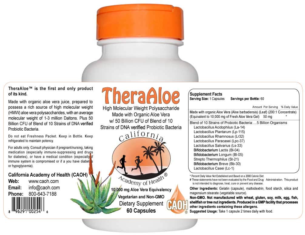 CALIFORNIA ACADEMY OF HEALTH TheraAloe 200X High Molecular Weight Polysaccharide Organic Aloe Vera Softgel, 1 Count
