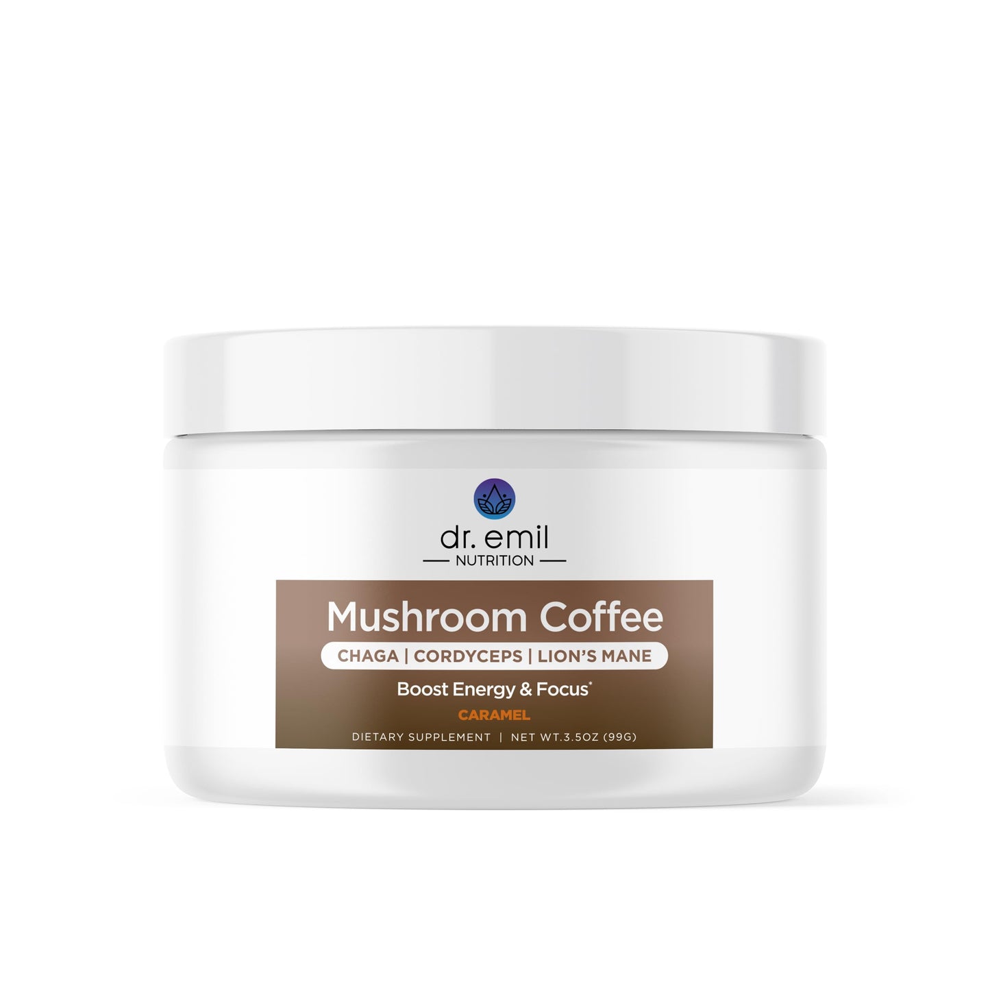 Dr. Emil Nutrition Mushroom Coffee for Focus & Energy - Instant Coffee with Lion's Mane - Chaga & Cordyceps - Delicious Caramel Flavor & Potent Mushroom Powder Blend, Powder, 3.5 Ounce