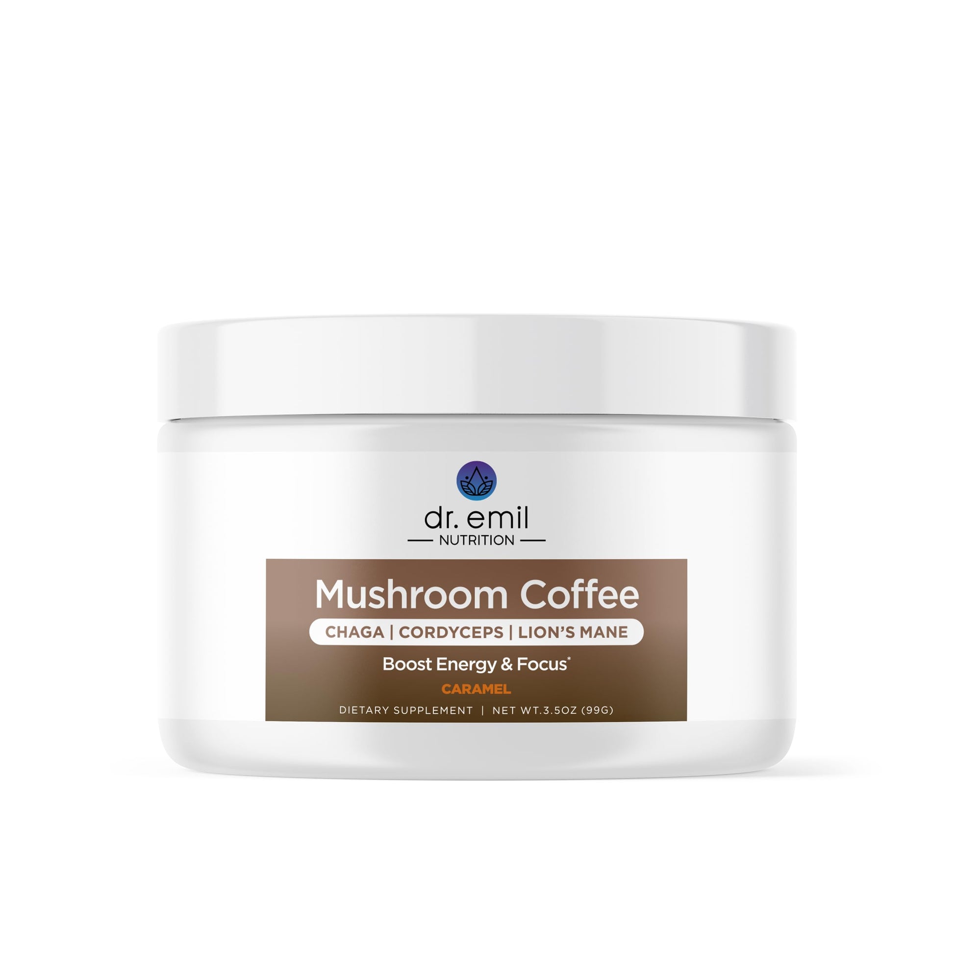 Dr. Emil Nutrition Mushroom Coffee for Focus & Energy - Instant Coffee with Lion's Mane - Chaga & Cordyceps - Delicious Caramel Flavor & Potent Mushroom Powder Blend, Powder, 3.5 Ounce