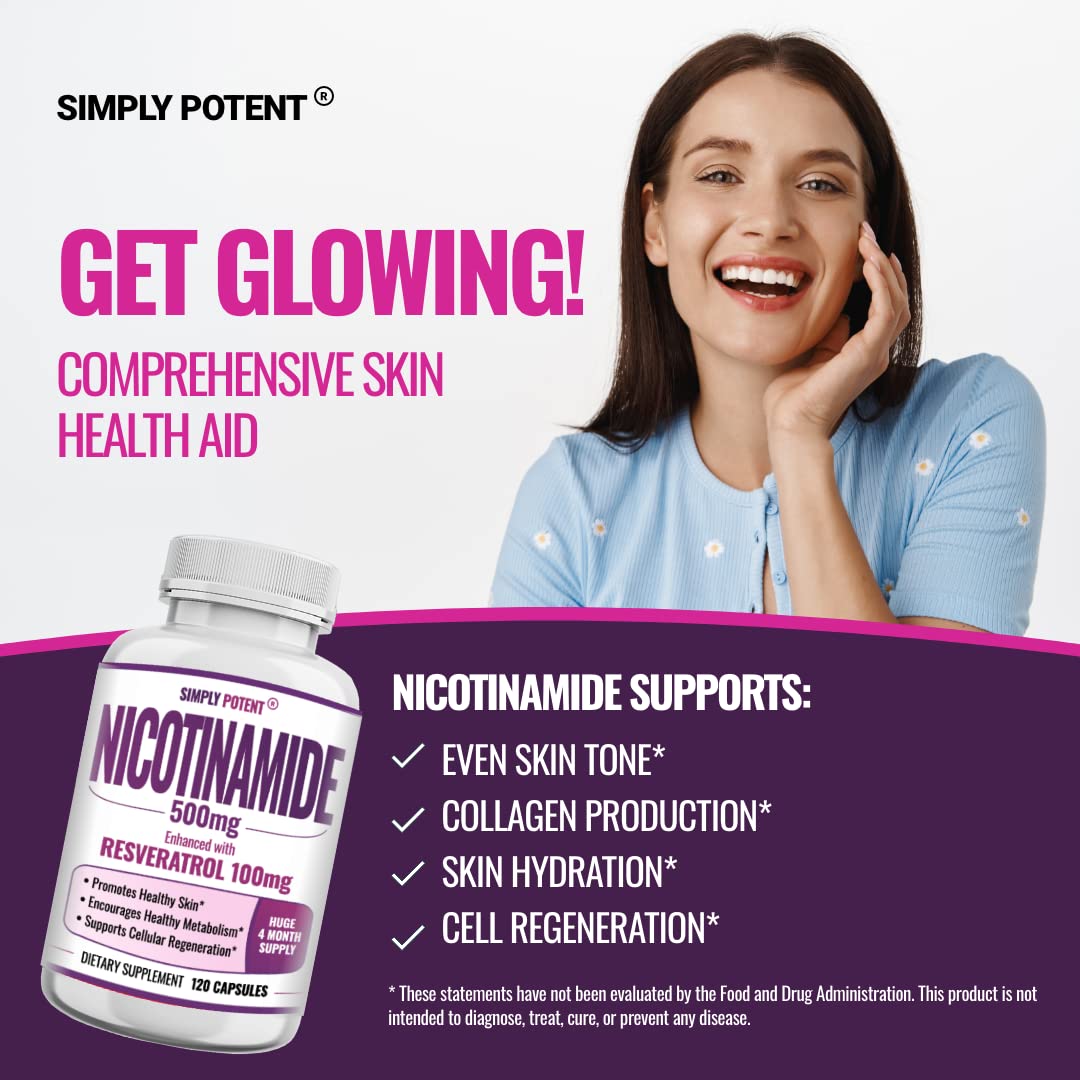 Simply Potent Nicotinamide 500mg with Resveratrol 100mg Veggie Capsules, 120 Count