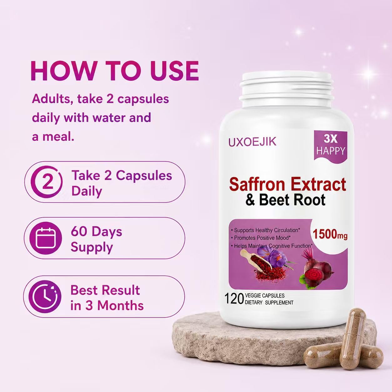 UXOEJIK Saffron Extract Capsule 100mg, 120 Count