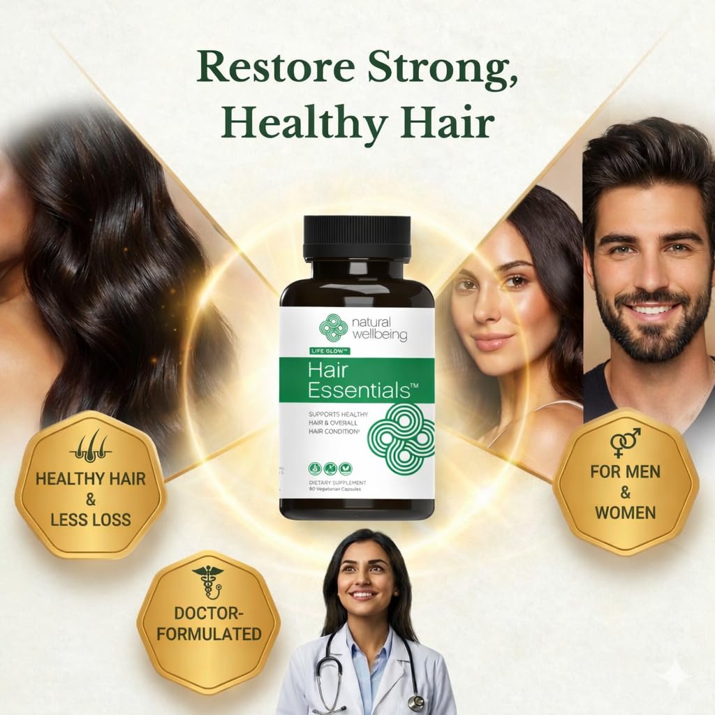 Natural Wellbeing Hair Essentials DHT Blocker Hair Growth Supplement for Women & Men – Saw Palmetto, Biotin – Vegan Capsules – Stops Shedding & Thinning, 90 Capsules