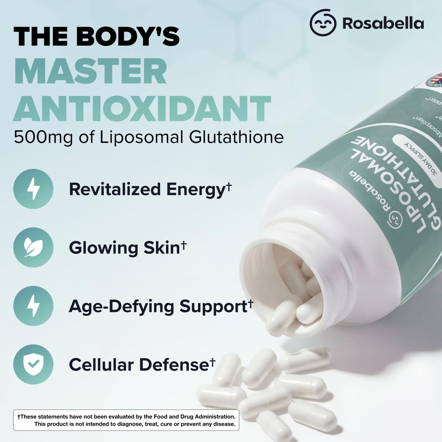 Rosabella Liposomal Glutathione 500mg – High Absorption Glutathione Supplement, Antioxidant Support, Cellular Health & Detox Support Capsules, 60 Count