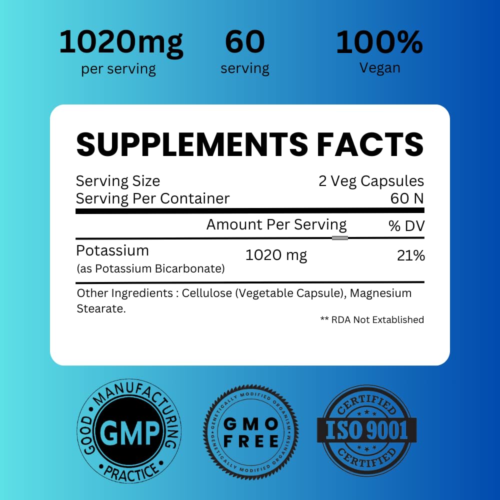SAIKOU HERBS Potassium Supplement 1020mg High Absorption Potassium Bicarbonate Capsules, 120 Capsules